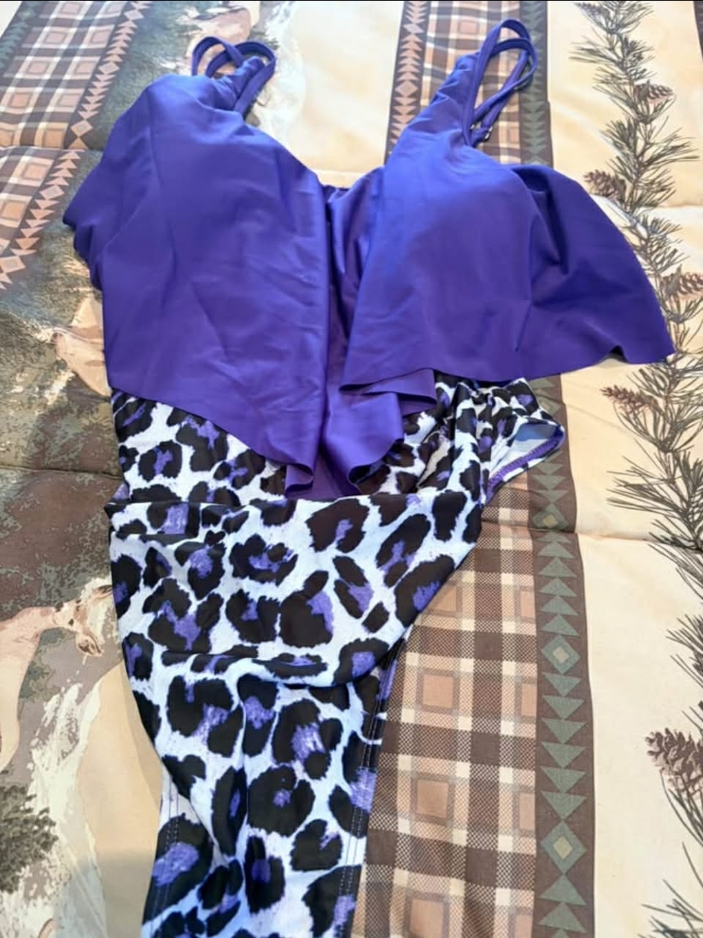 NWOT Purple Flounce One-Piece Swim with Animal Print
